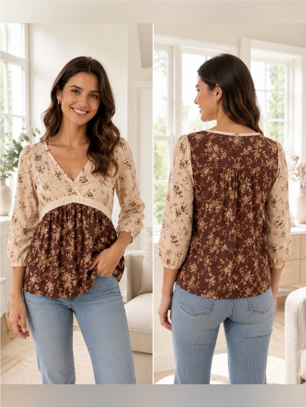 Bohemian floral V-neck peasant, blouse, brown, and cream size 2X